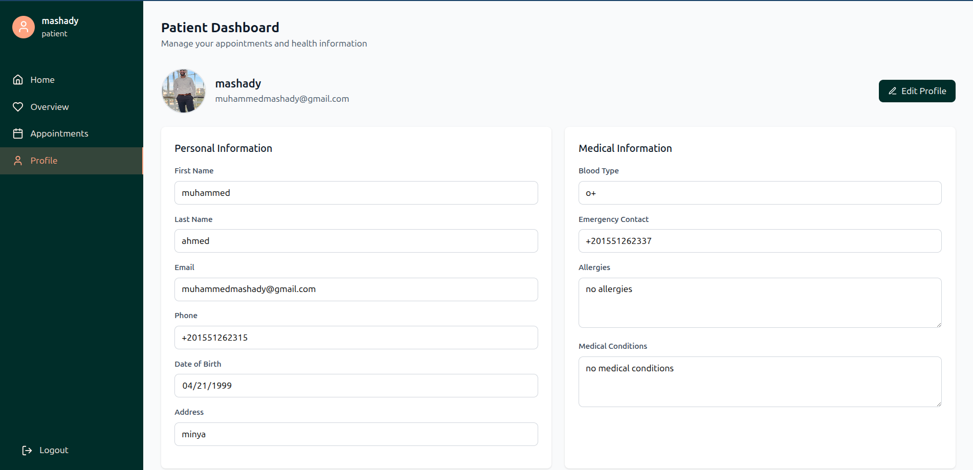 Patient dashboard & medical record